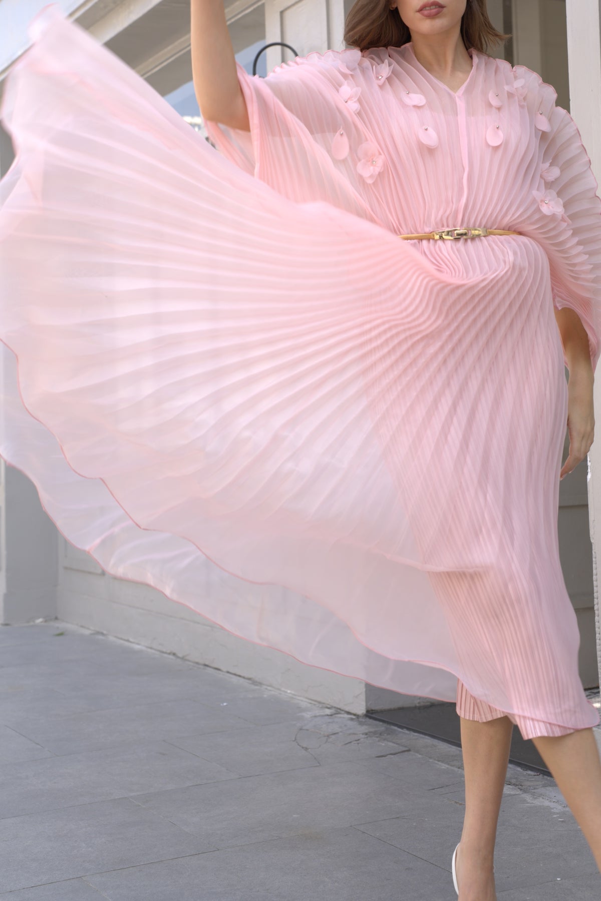 Floral Appliqué Pleated Organza Cape Midi Dress