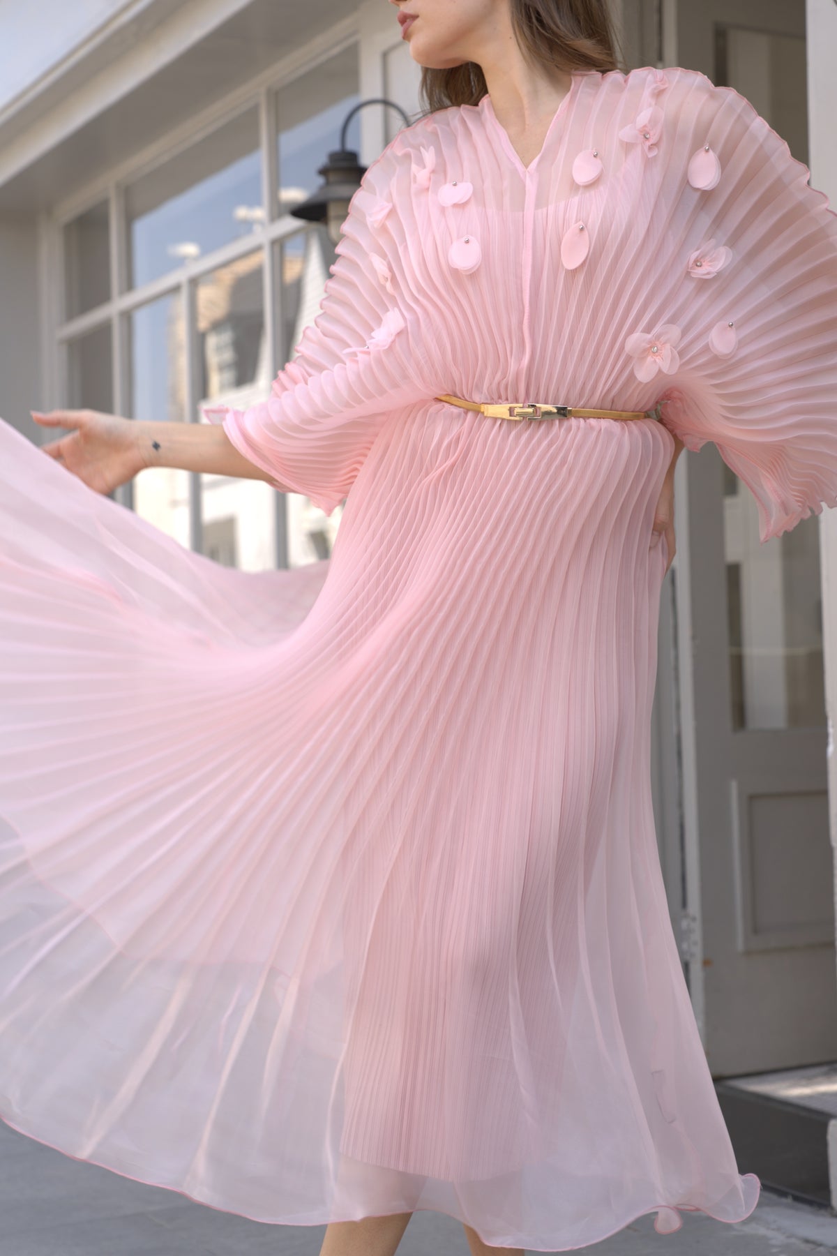 Floral Appliqué Pleated Organza Cape Midi Dress