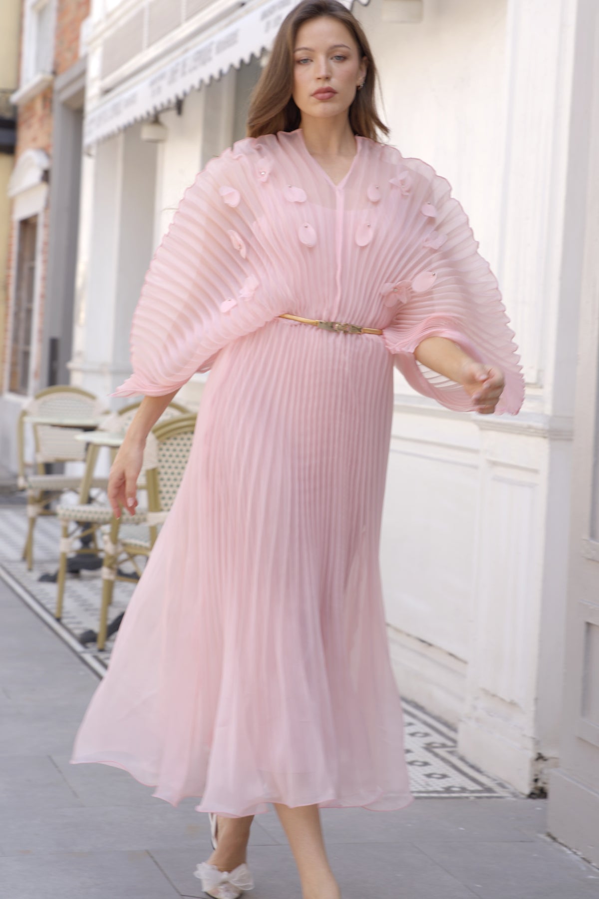 Floral Appliqué Pleated Organza Cape Midi Dress