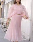 Floral Appliqué Pleated Organza Cape Midi Dress