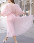 Floral Appliqué Pleated Organza Cape Midi Dress