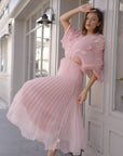 Floral Appliqué Pleated Organza Cape Midi Dress