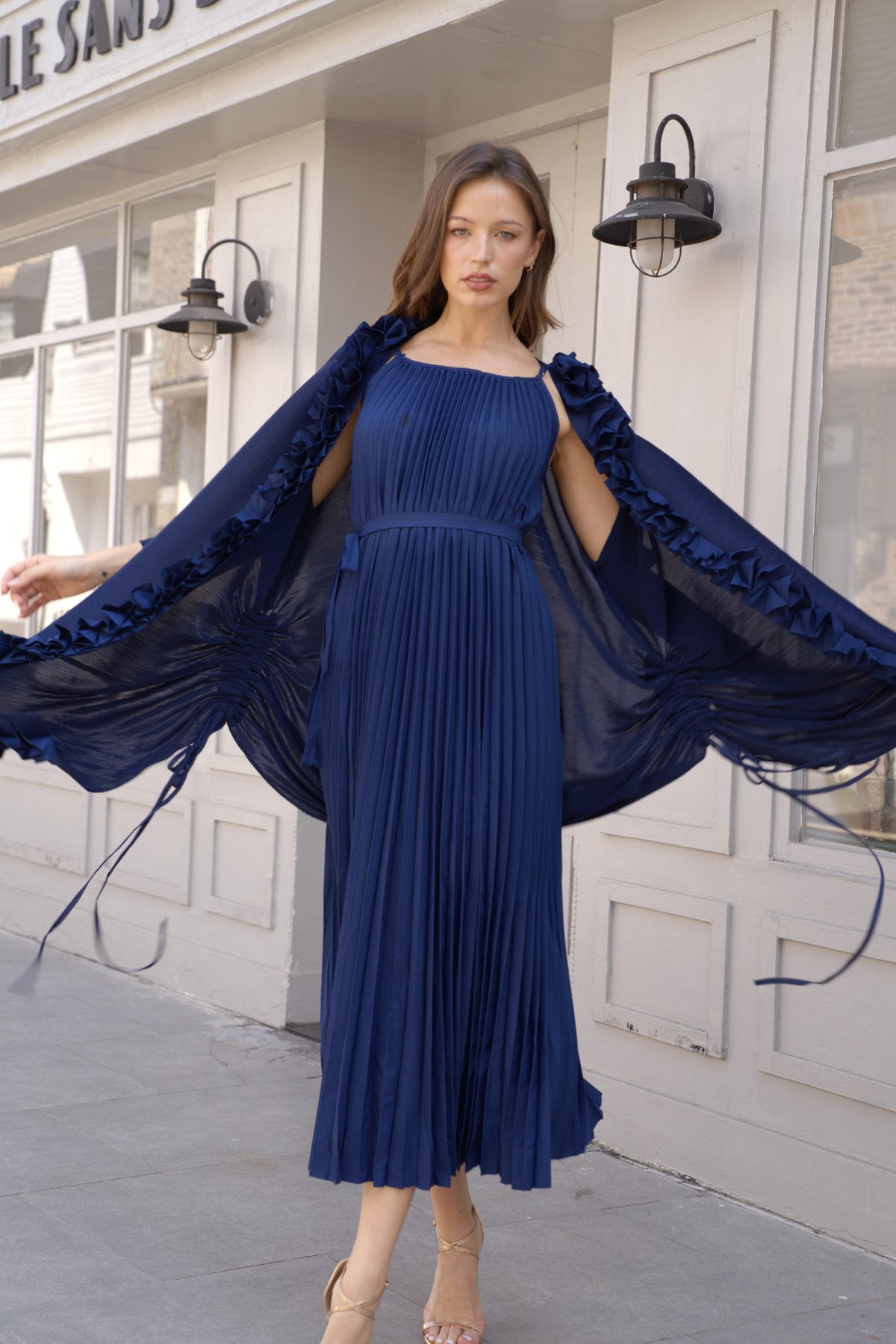 Pleated Midi Dress with Oversized Ruffle Trim Kimono Cardigan Set