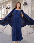 Pleated Midi Dress with Oversized Ruffle Trim Kimono Cardigan Set