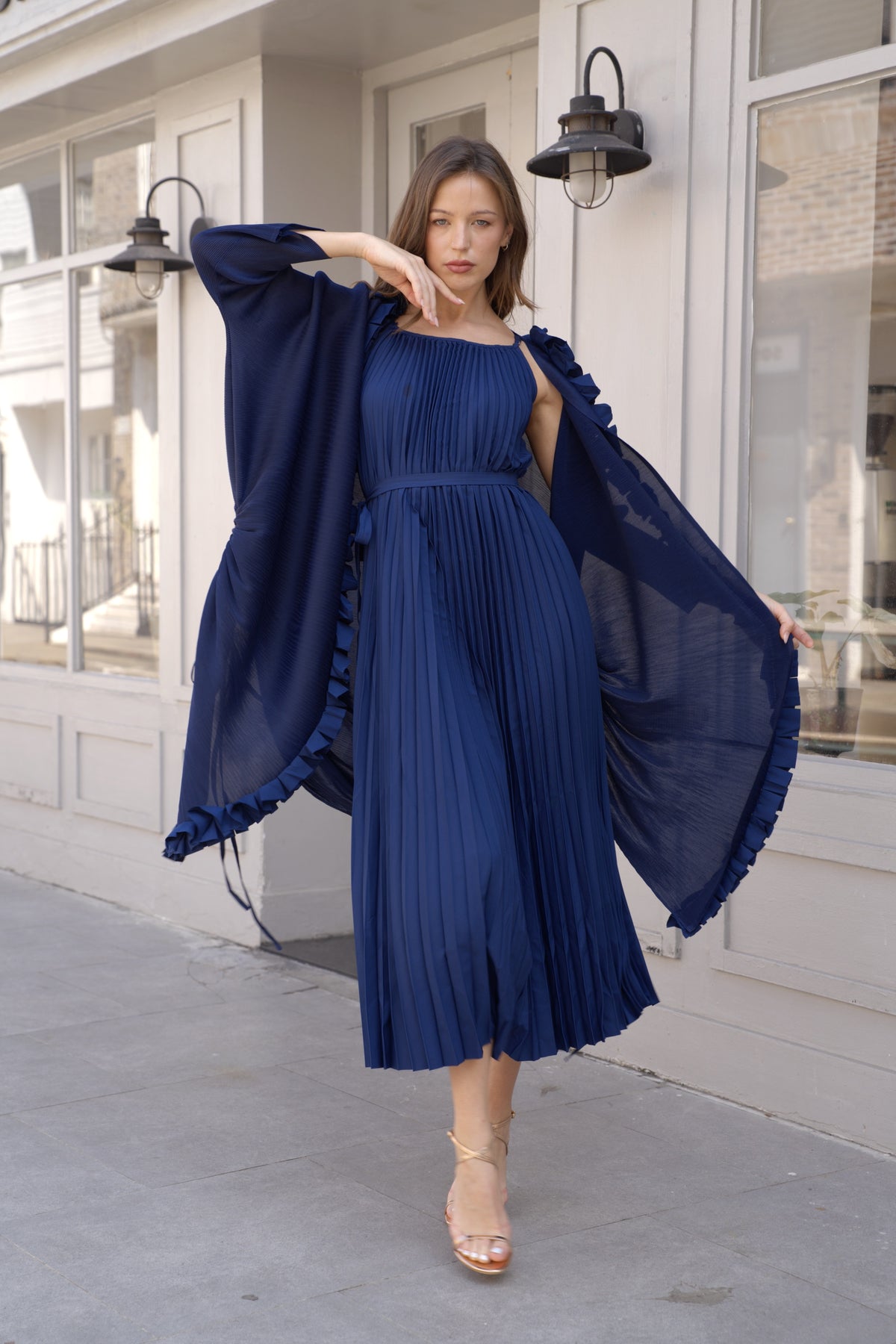 Pleated Midi Dress with Oversized Ruffle Trim Kimono Cardigan Set