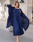 Pleated Midi Dress with Oversized Ruffle Trim Kimono Cardigan Set