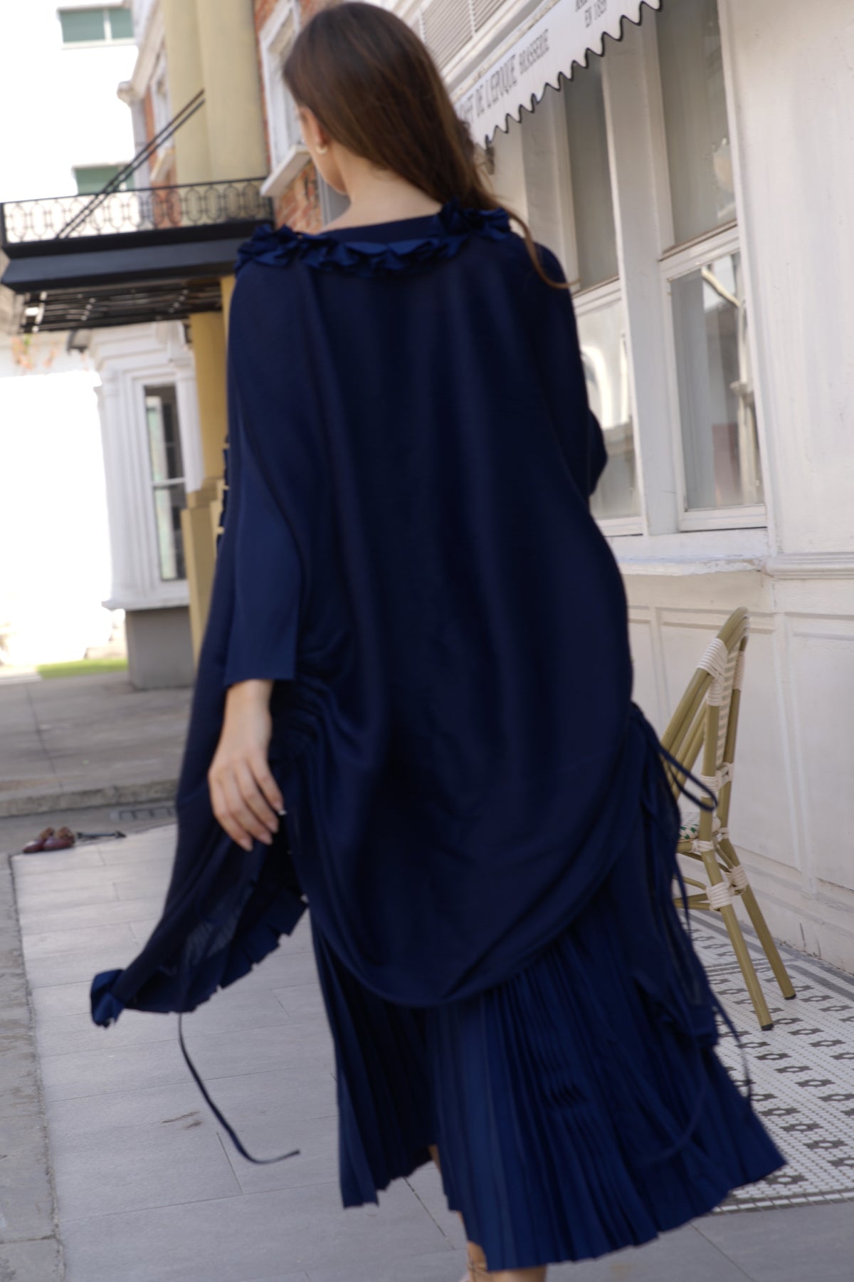 Pleated Midi Dress with Oversized Ruffle Trim Kimono Cardigan Set