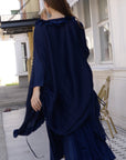 Pleated Midi Dress with Oversized Ruffle Trim Kimono Cardigan Set