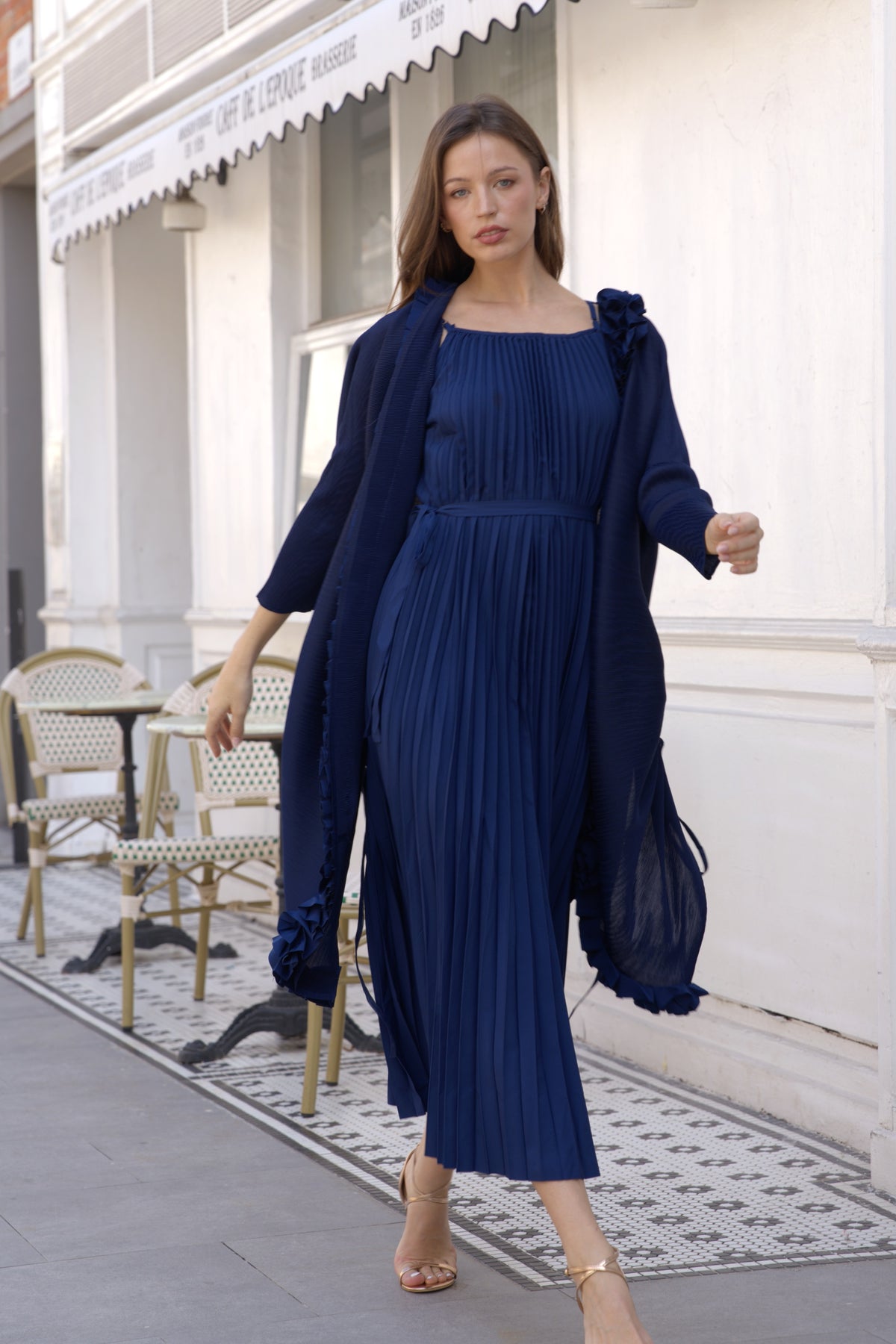 Pleated Midi Dress with Oversized Ruffle Trim Kimono Cardigan Set