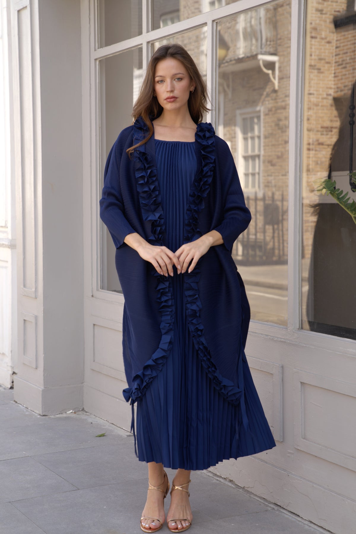 Pleated Midi Dress with Oversized Ruffle Trim Kimono Cardigan Set