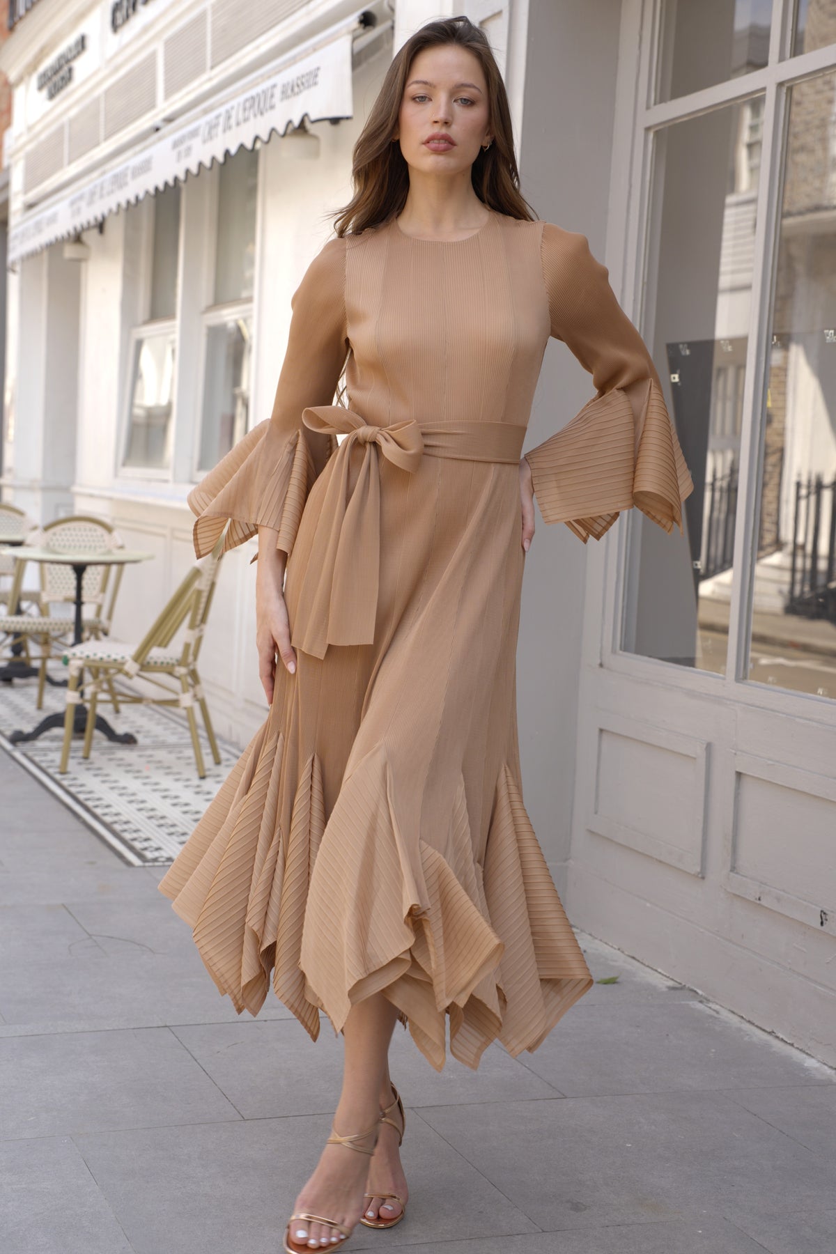 Pleated Fluted Sleeve Handkerchief Hem Maxi Dress with Belt in Beige