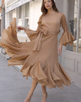 Pleated Fluted Sleeve Handkerchief Hem Maxi Dress with Belt in Beige