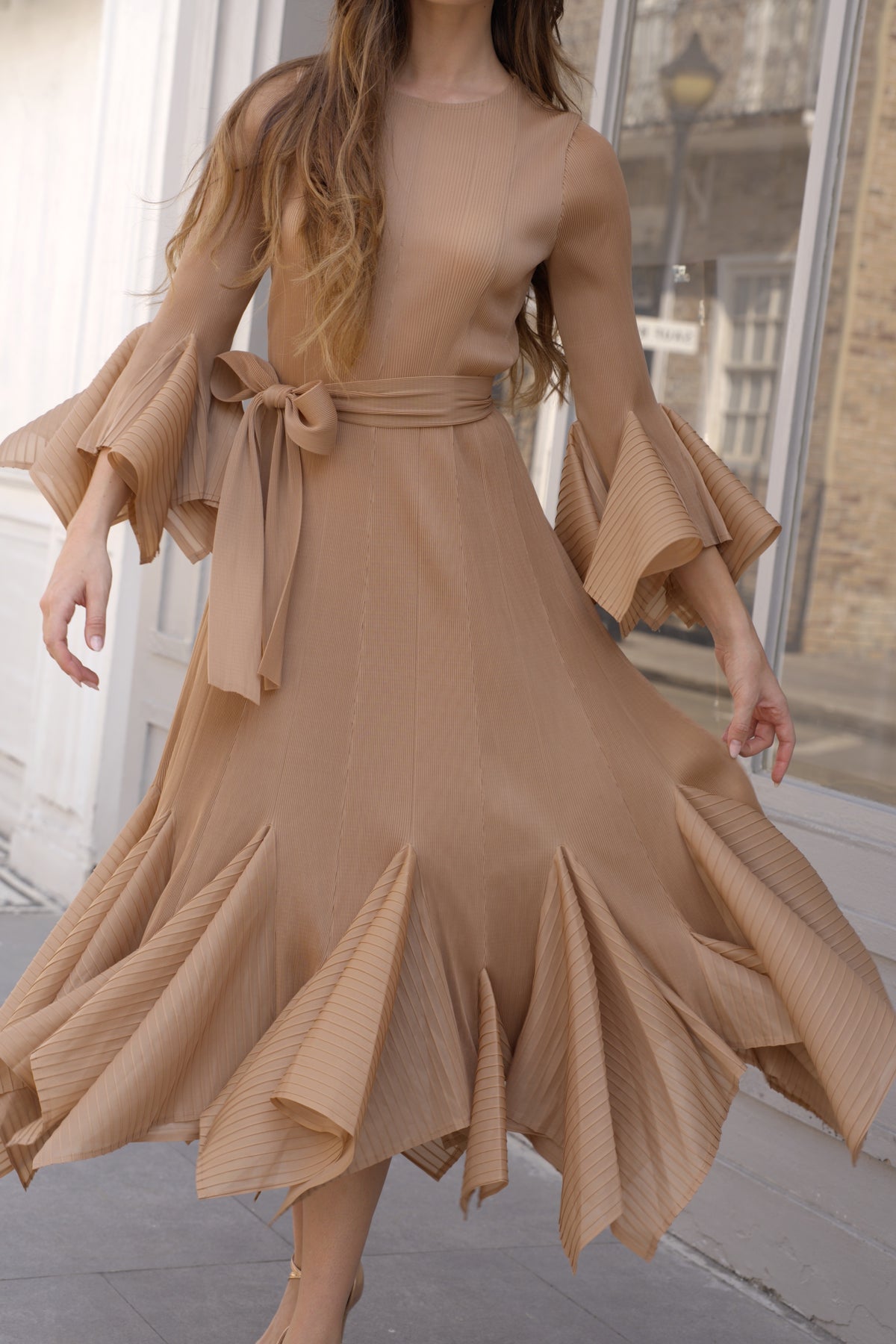 Pleated Fluted Sleeve Handkerchief Hem Maxi Dress with Belt in Beige