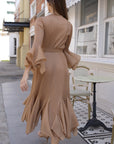 Pleated Fluted Sleeve Handkerchief Hem Maxi Dress with Belt in Beige