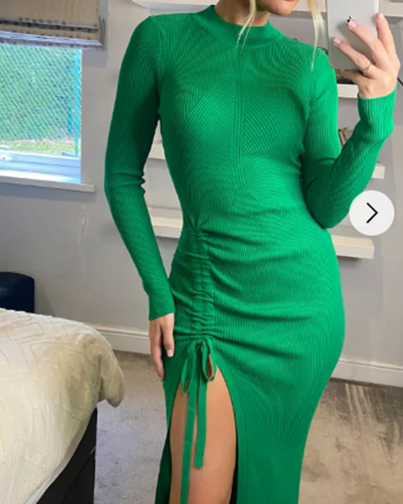 Soft Knitted Ribbed Midi Bodycon Side Split Tie up design Dress In Green