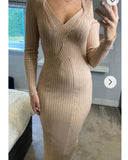 Soft Knitted Ribbed Midi Bodycon front twist design Dress In Beige