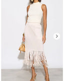 Pleated Midi Skirt with multi fringed tassel hem design in White