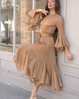 Pleated Fluted Sleeve Handkerchief Hem Maxi Dress with Belt in Beige