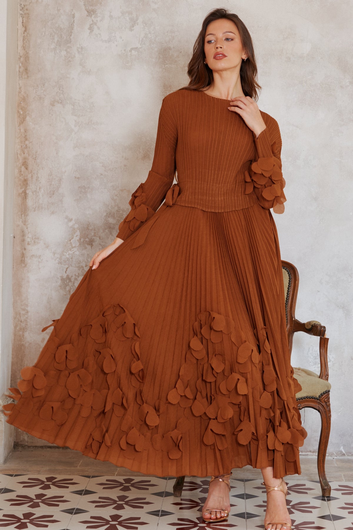 Floral Appliqué Pleated Maxi Dress with Side Tie Waist