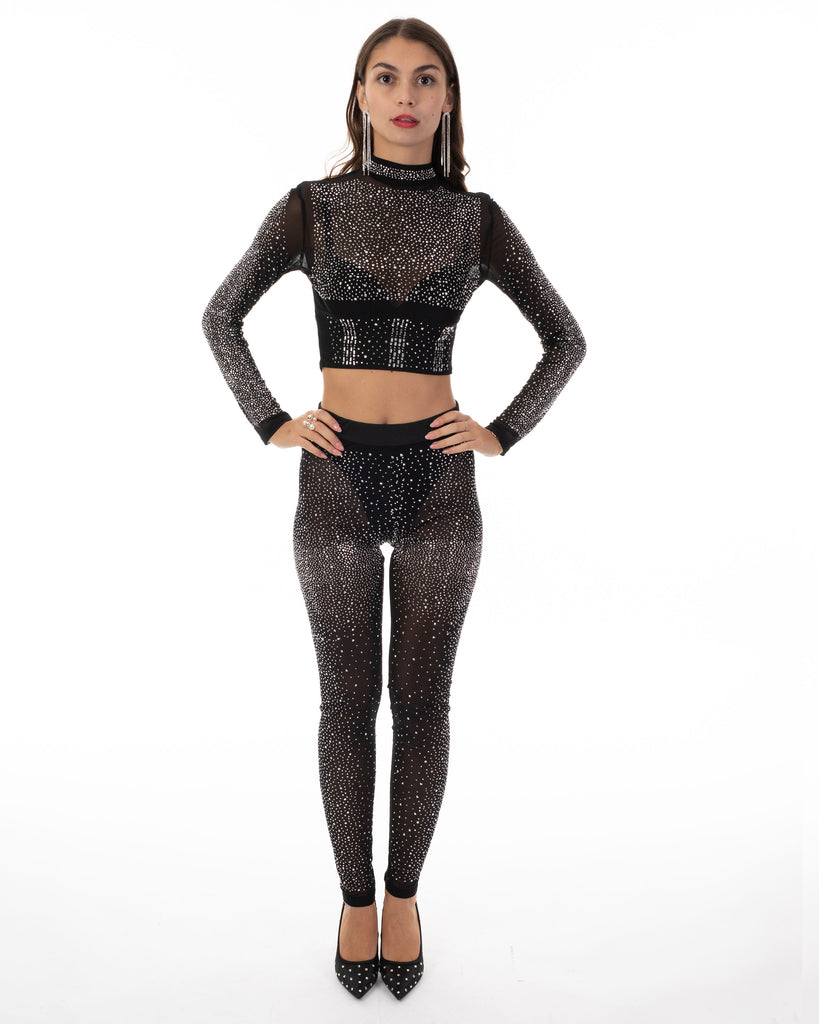 Multi Diamond Embellished Crop Top and Leggings Co-ords in Sliver