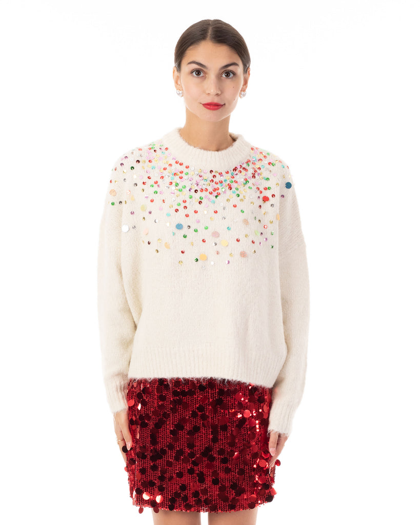 Multi color disco Sequin embellished design Soft knit jumper in cream