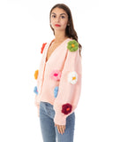 Hnad Knit Chunky Handknit Floral Patten Cardigan in Pink