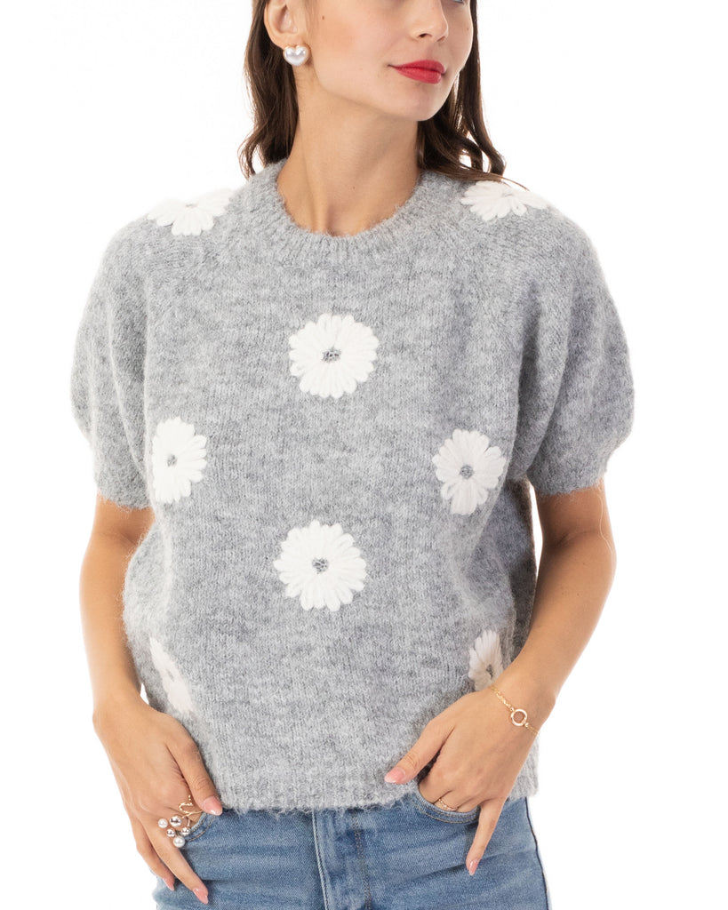 Floral Pattern Embroidered Soft knit Short Sleeves Jumper in Grey