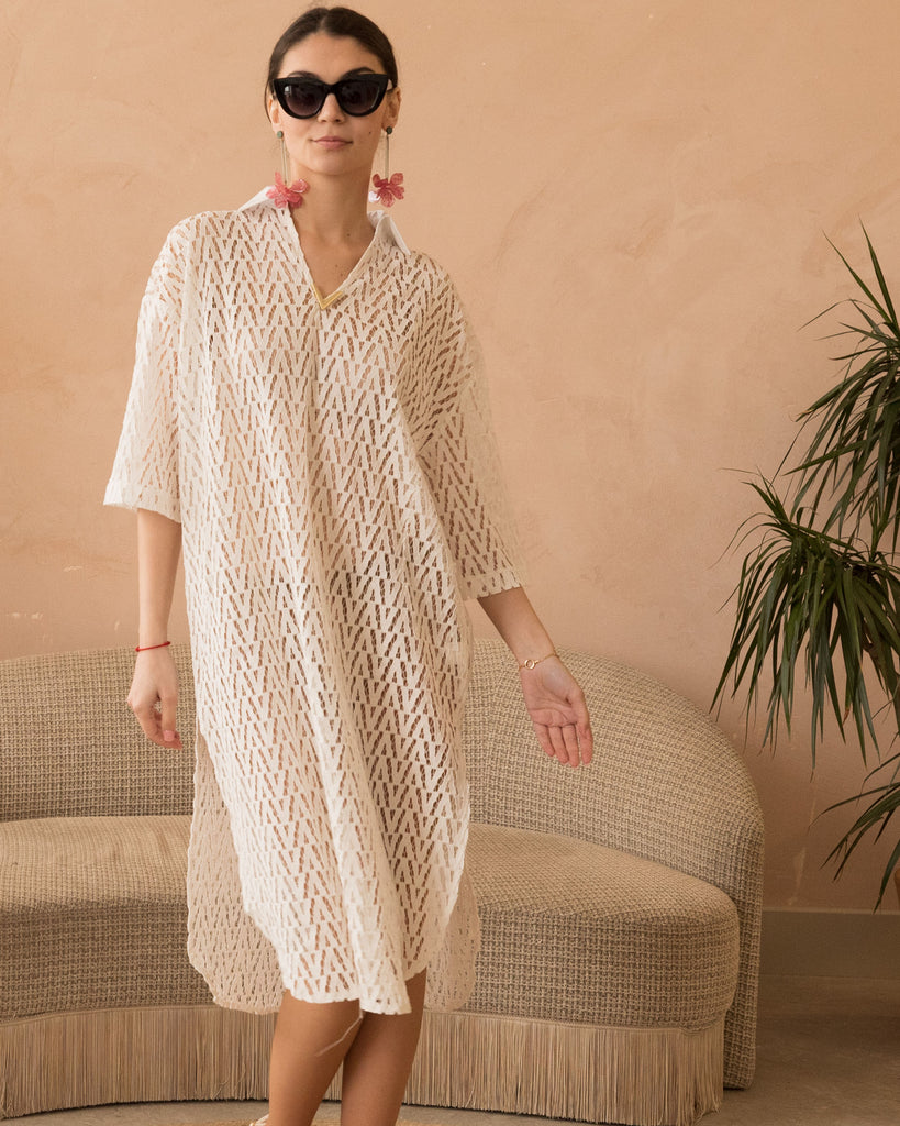V pattern Lace kaftan dress in White Holiday wear collection