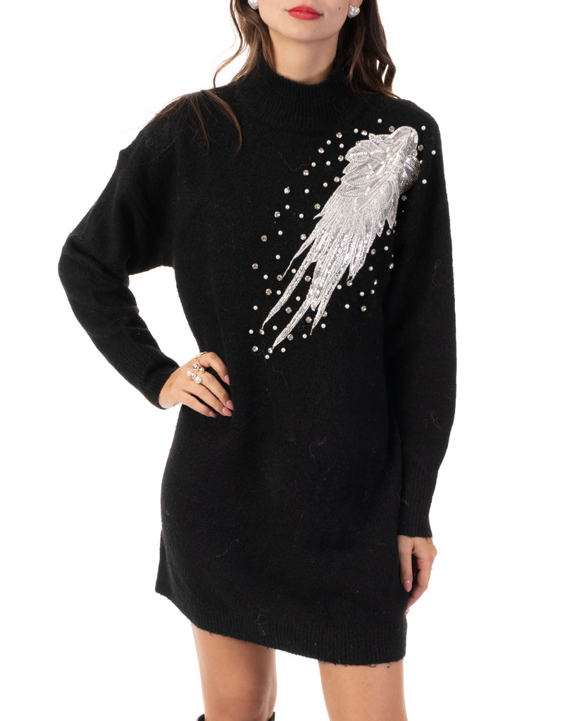 Multi Diamonded and Sequin design pattern Embroidered Long Jumper in Black