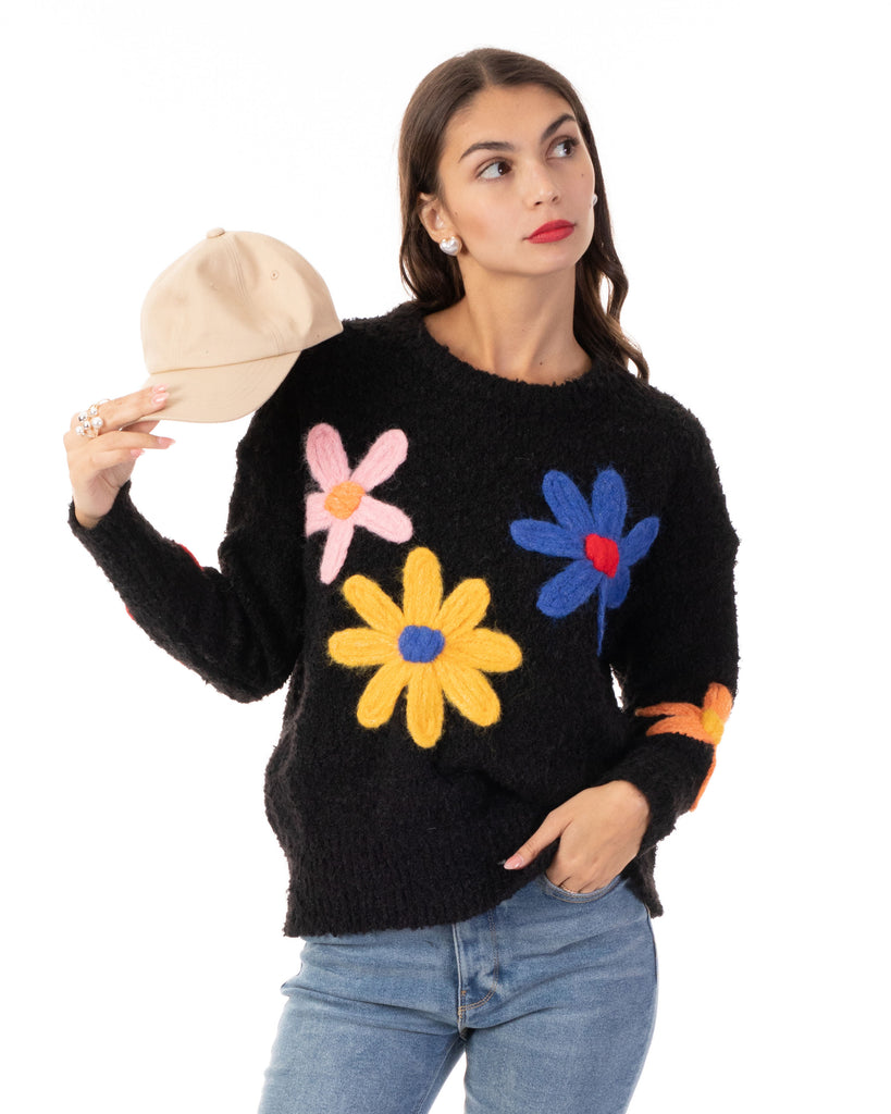 Floral Pattern Embroidered Soft knit Long Sleeves Jumper in black