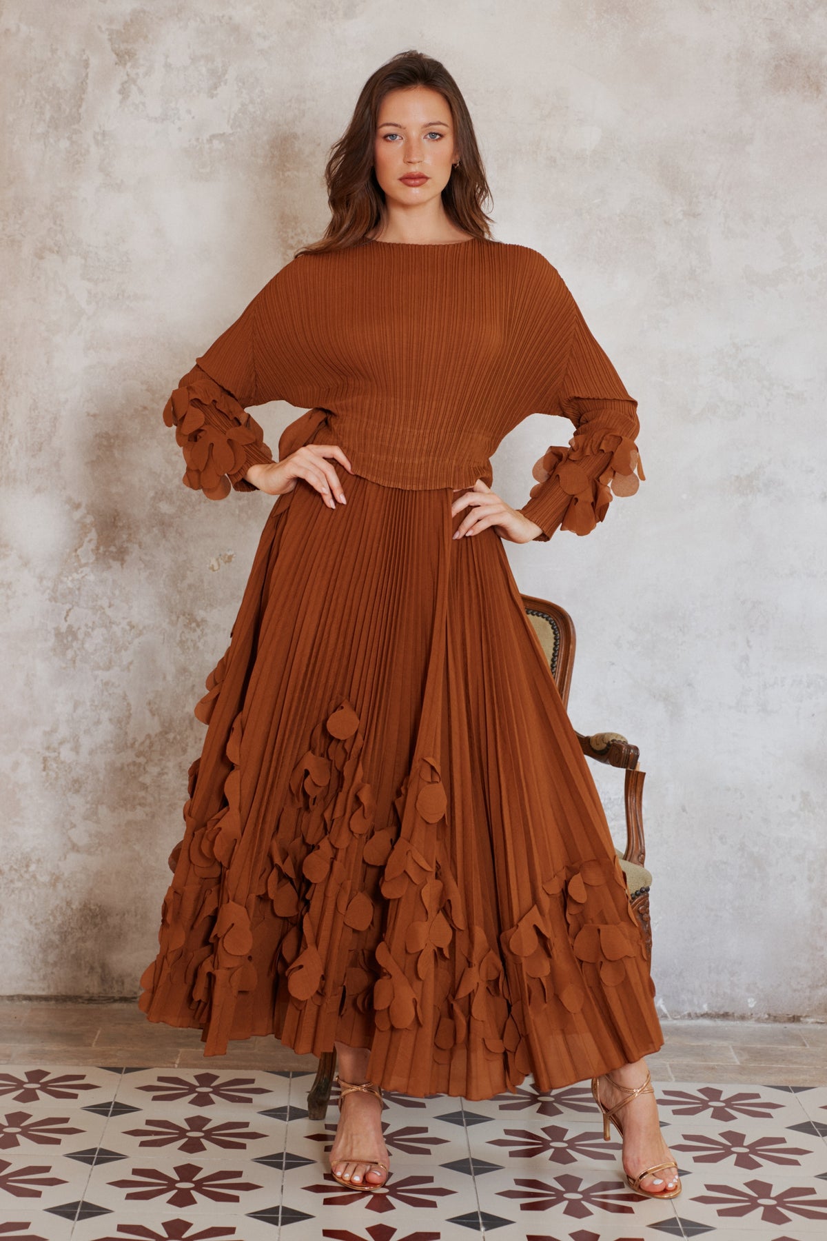 Floral Appliqué Pleated Maxi Dress with Side Tie Waist
