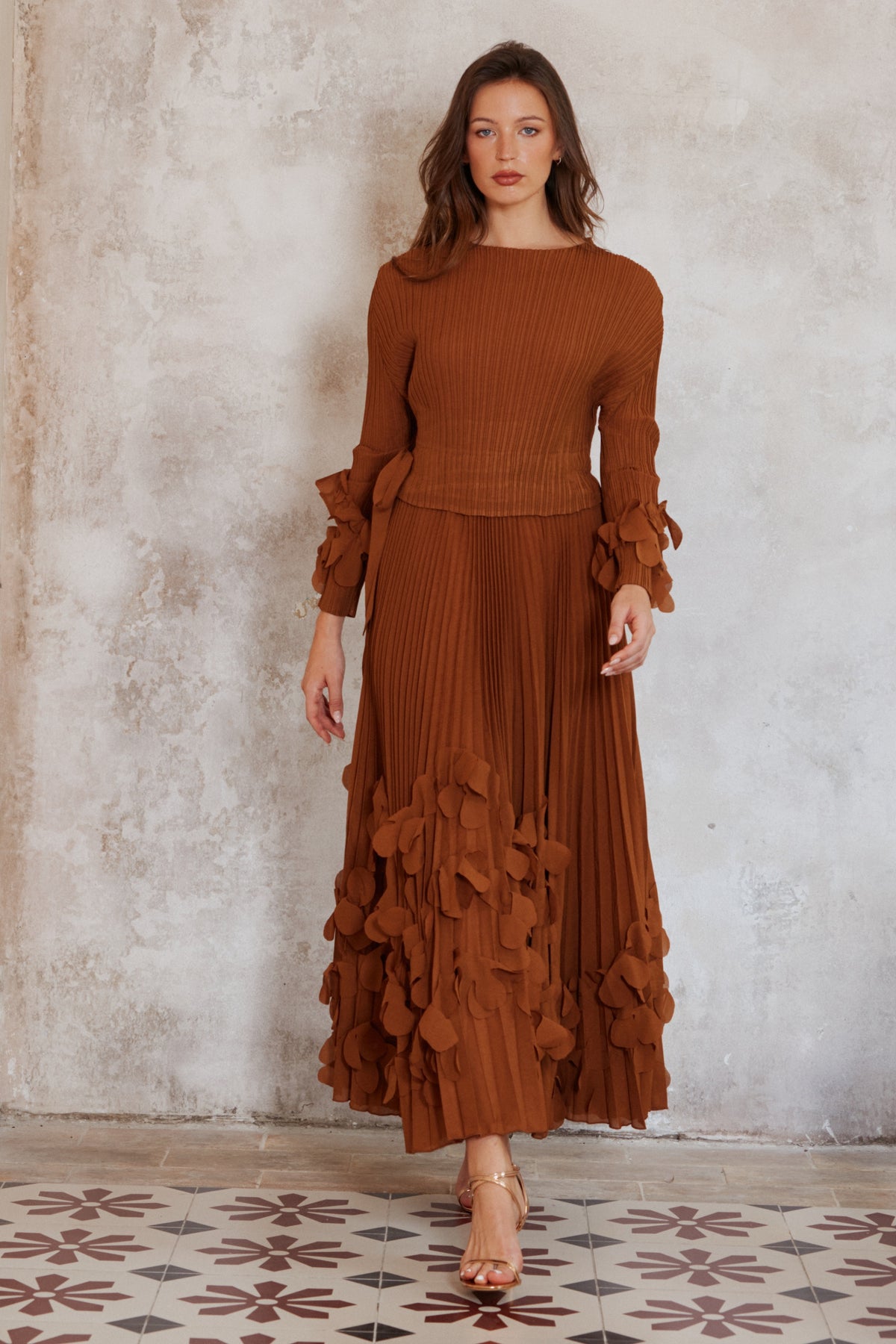 Floral Appliqué Pleated Maxi Dress with Side Tie Waist