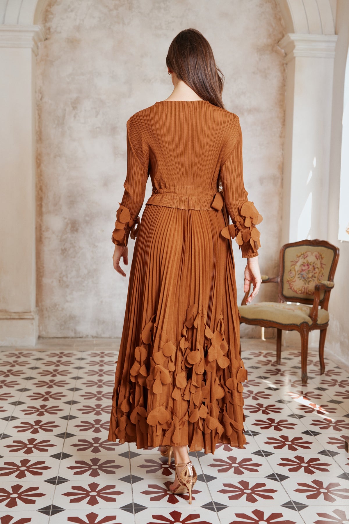 Floral Appliqué Pleated Maxi Dress with Side Tie Waist