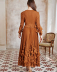 Floral Appliqué Pleated Maxi Dress with Side Tie Waist