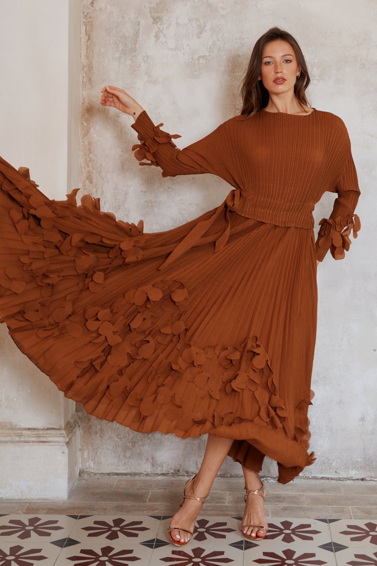 Floral Appliqué Pleated Maxi Dress with Side Tie Waist