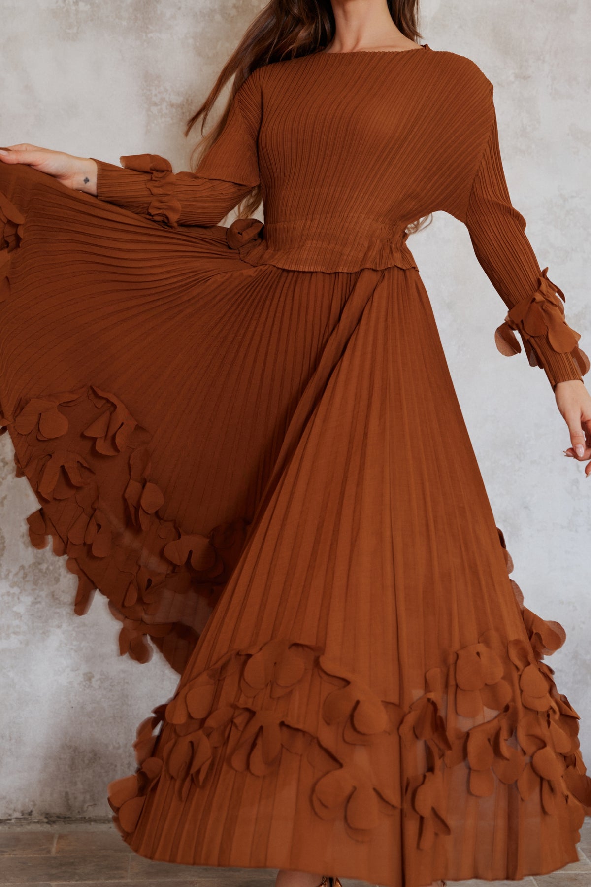 Floral Appliqué Pleated Maxi Dress with Side Tie Waist