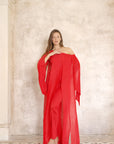 Elegant Pleated Cape Sleeve Maxi Dress with Tie Waist in Red