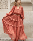 Silky feeling organza midi dress with ruffle design on sleeves and skirt hem