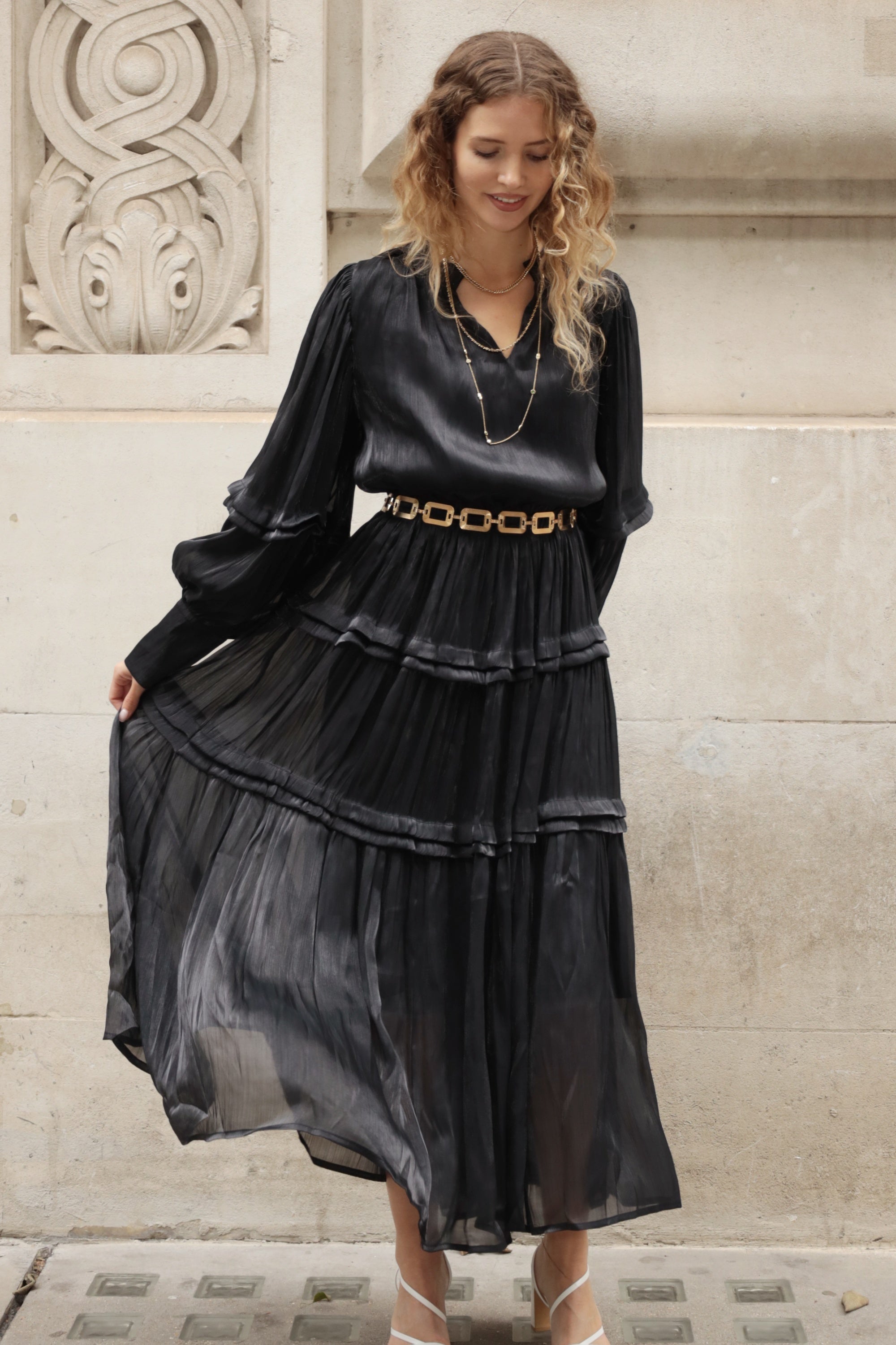 Silky feeling organza midi dress with ruffle design on sleeves and skirt hem in Black