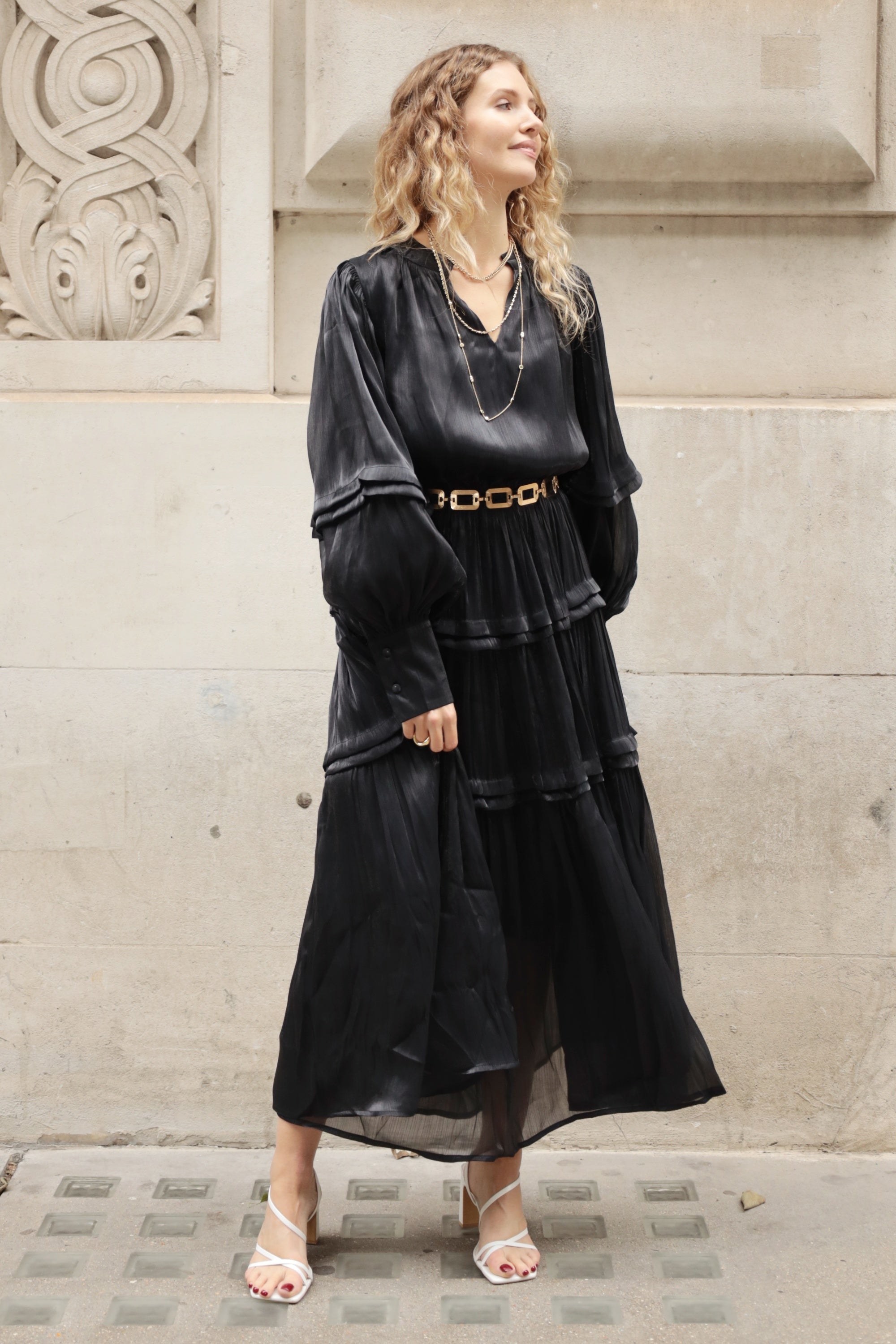 Silky feeling organza midi dress with ruffle design on sleeves and skirt hem in Black