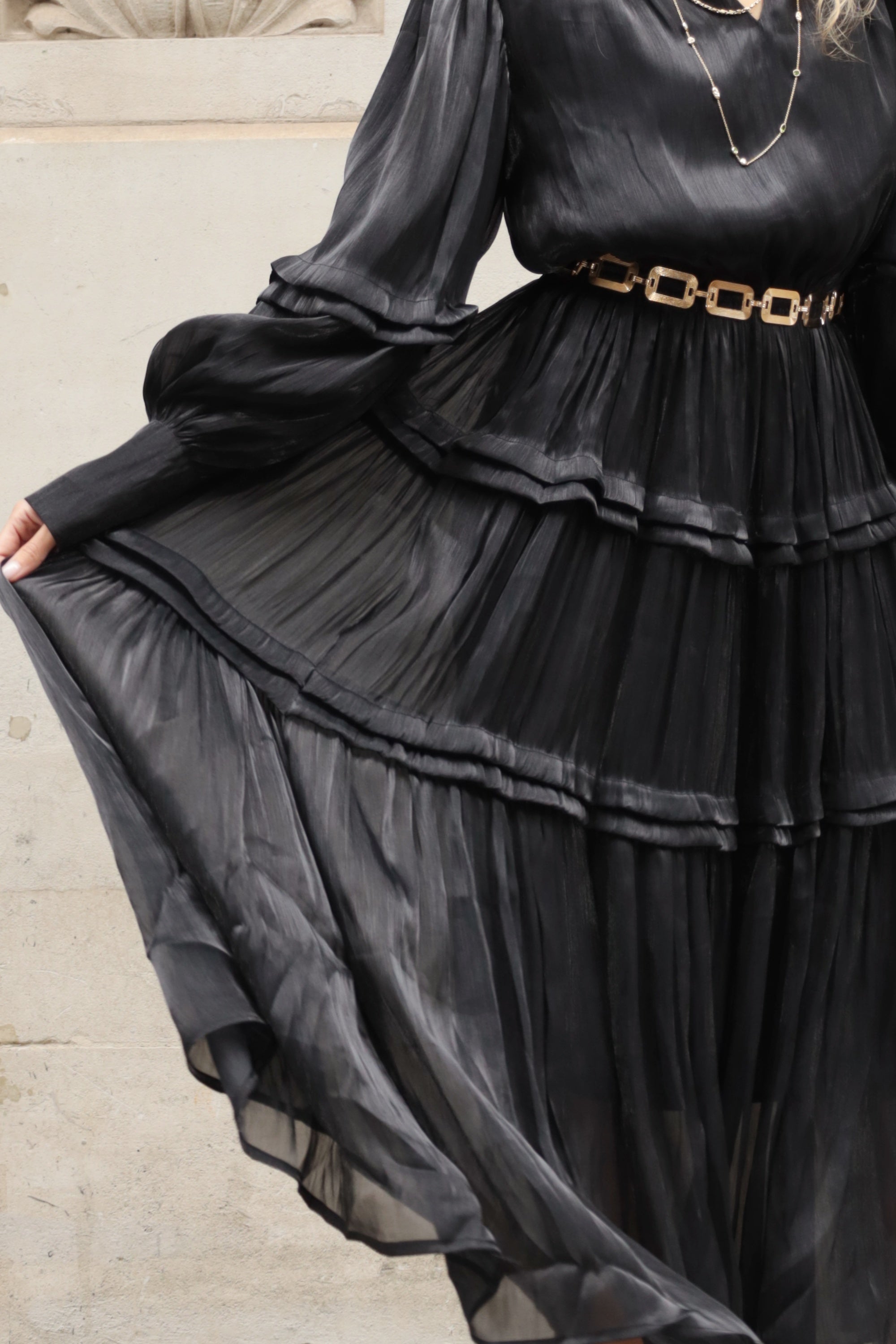Silky feeling organza midi dress with ruffle design on sleeves and skirt hem in Black