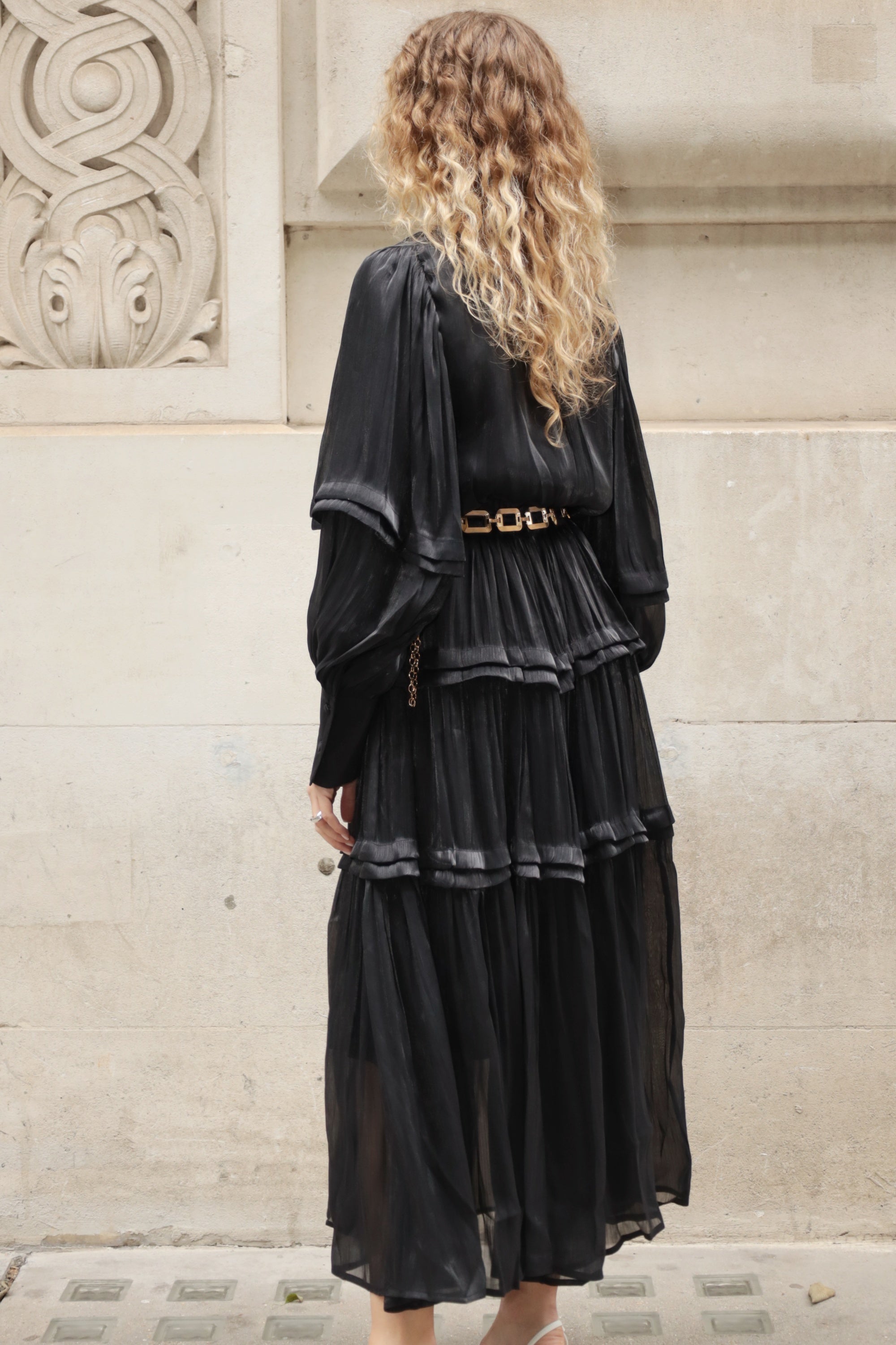 Silky feeling organza midi dress with ruffle design on sleeves and skirt hem in Black