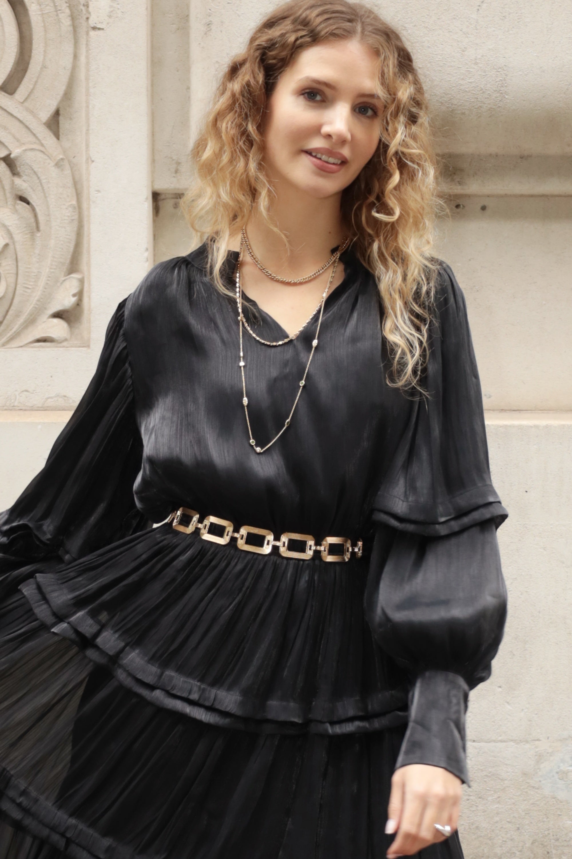 Silky feeling organza midi dress with ruffle design on sleeves and skirt hem in Black