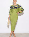 Green Leopard print color blocking Print Pleated Dress in Kimono sleeves