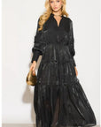 Silky feeling organza midi dress with ruffle design on sleeves and skirt hem in Black