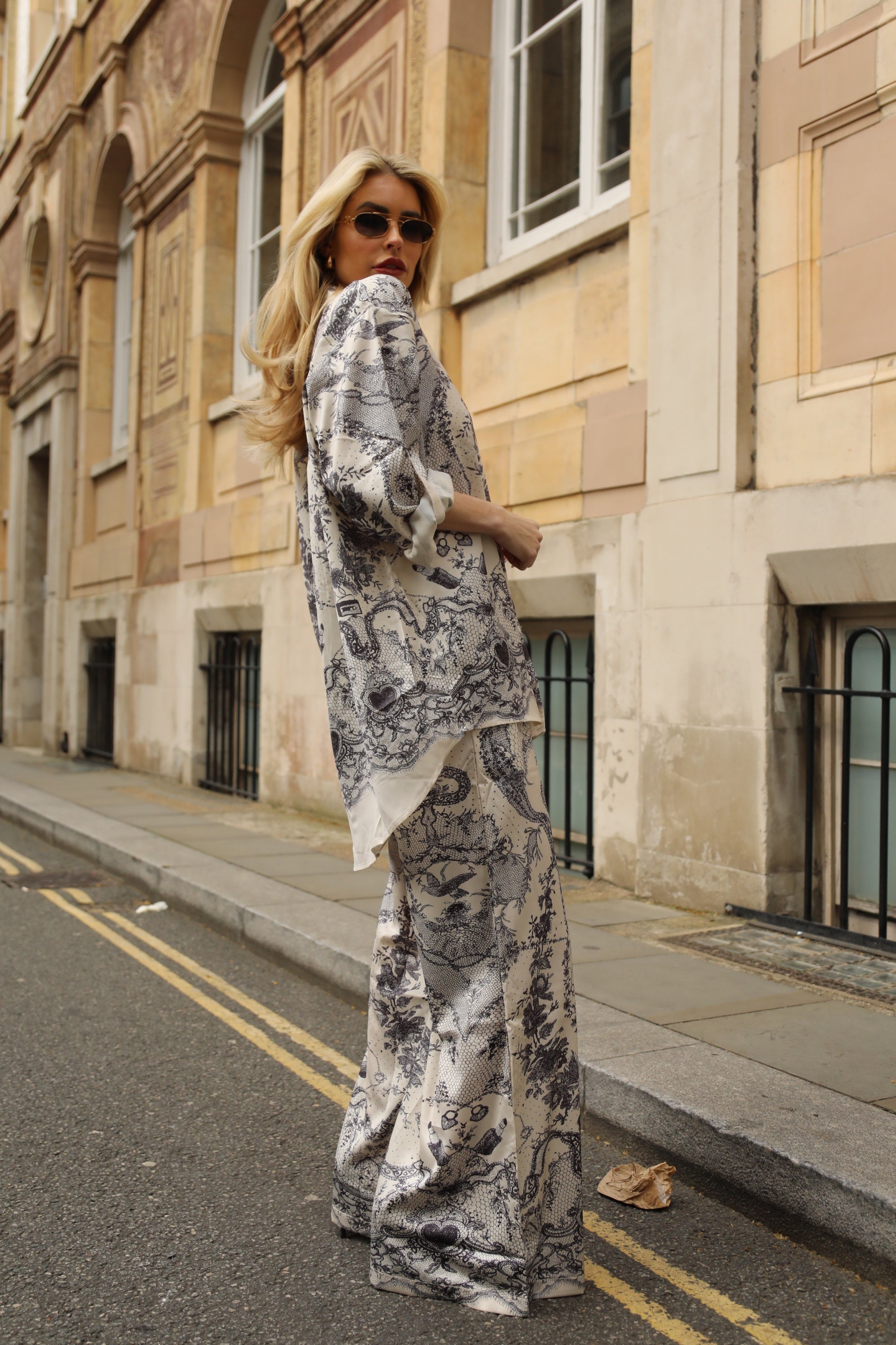 Vintage Toile Print Oversized Shirt &amp; Wide-Leg Trousers Co-Ord Set