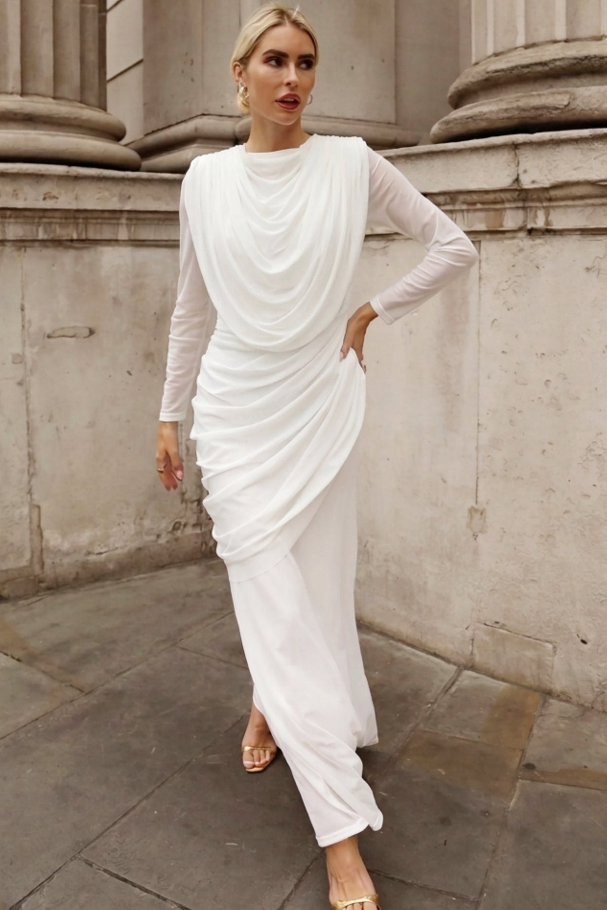 Statement Draped Mesh Layered Maxi Dress in White
