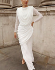 Statement Draped Mesh Layered Maxi Dress in White
