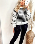Multi layer ruffle sleeves black white color stripe jumper top