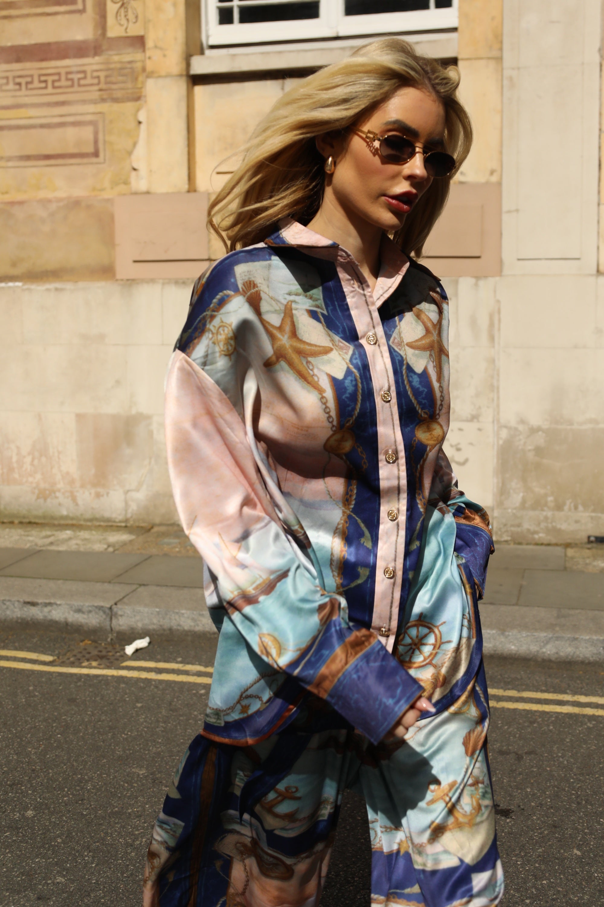 Ocean Treasure Print Relaxed Shirt &amp; Trousers Co-Ord Set In Blue